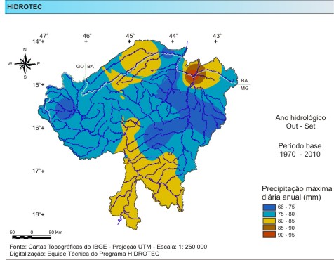 Figura 3 - Mapa da precipitao mxima diria anual (mm/ano), da bacia do rio das Velhas