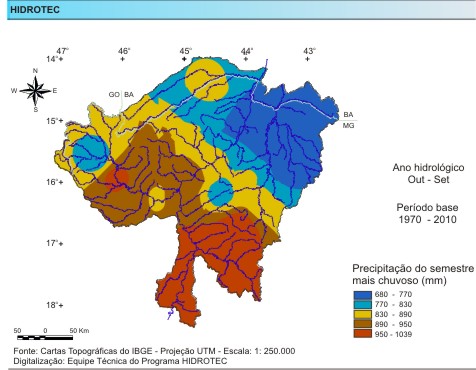 Figura 2 - Mapa da precipitao do semestre mais chuvoso (mm), da bacia do rio das Velhas