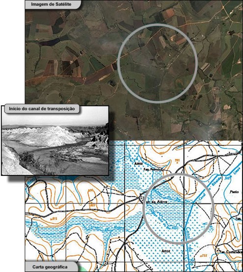 Figura 11 -  Vista panor�mica do divisor de �gua das bacias do rio Grande (rio Piumhi) e S�o Francisco (c�rrego �gua Limpa), localiza��o do canal de transposi��o conectado as duas bacias hidrogr�ficas e foto do inicio do canal de transposi��o.