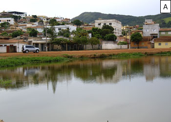 Figura 17 – �rea de risco de enchente (movimento oscilat�rio do n�vel da �gua do lago) - Acesso ao bairro Ambr�sio: A - N�vel da �gua do lago na cota normal (dezembro/2008); B- �rea alagada devido a falta de escoamento das �guas pluviais (enchente de fevereiro de 2008).