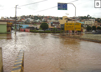 Figura 17 – �rea de risco de enchente (movimento oscilat�rio do n�vel da �gua do lago) - Acesso ao bairro Ambr�sio: A - N�vel da �gua do lago na cota normal (dezembro/2008); B- �rea alagada devido a falta de escoamento das �guas pluviais (enchente de fevereiro de 2008).