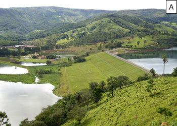 Figura 2-  Dique interceptor  do rio Piumhi (lado esquerdo a represa de Furnas e lado direito o rio Piumhi represado) no munic�pio  Capit�lio –MG: A - Vista panor�mica do dique; B - Crista do dique.