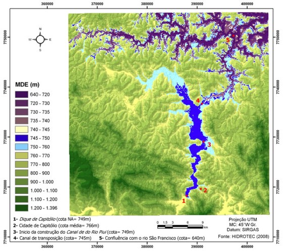 Figura 4 -  Modelo digital de eleva��o - MDE da bacia hidrogr�fica do rio Piumhi, gerado no SRTM.