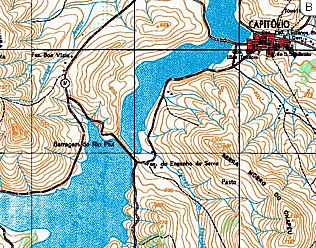 Figura 7 -  Vista do <i>Dique de Capitlio</i>, novo divisor das   guas  das bacias do Grande e So Francisco: A - Imagem de satlite; B - carta geogrfica.