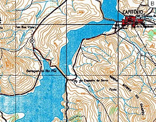 Figura 7 -  Vista do <i>Dique de Capit�lio</i>, novo divisor das   �guas  das bacias do Grande e S�o Francisco: A - Imagem de sat�lite; B - carta geogr�fica.