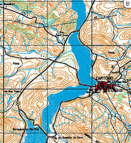 Figura 8 – Vistas dos trs lagos interligados conseqentes da construo do dique: A - Imagem satlite;  B - Carta geogrfica.