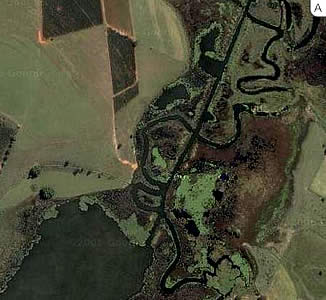 Figura 9 – Final do <i>Canal do Rio Piui</i> no terceiro lago formado pela construo do dique: A -  Imagem satlite; B - Carta geogrfica.