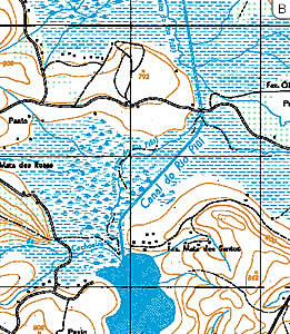 Figura 9 – Final do <i>Canal do Rio Piui</i> no terceiro lago formado pela constru��o do dique: A -  Imagem sat�lite; B - Carta geogr�fica.