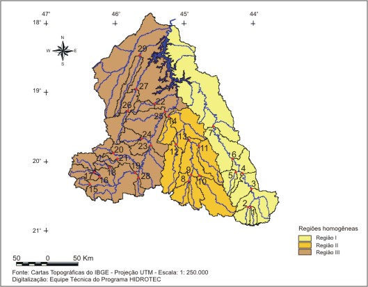 Figura 1 - Localizao das sub-bacias estudadas nas regies hidrologicamente homogneas identificadas para as vazes mdias e mnimas, na regio do Alto So Francisco, em Minas Gerais