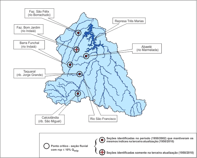 Figura 5 - Localizaao das seoes fluviais (estaoes) que apresentaram baixa capacidade de regularizaao<br> natural na bacia do rio das Velhas