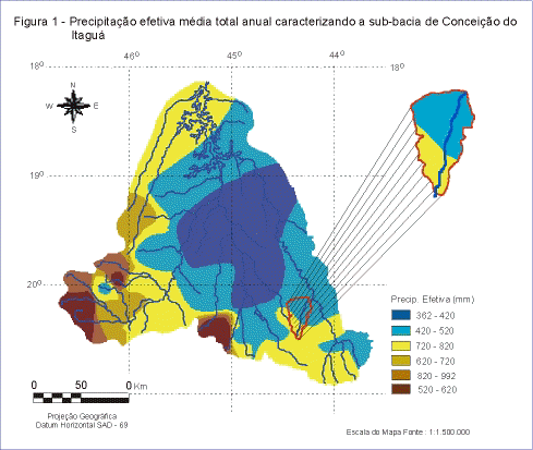 Figura 1 - Precipita��o efetiva m�dia total anual caracterizando a sub-bacia de Concei��o do Itagu�
