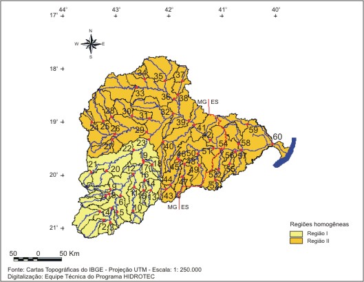 Figura 1 - Regies hidrologicamente homogneas e localizao das sub-bacias, na bacia do Leste