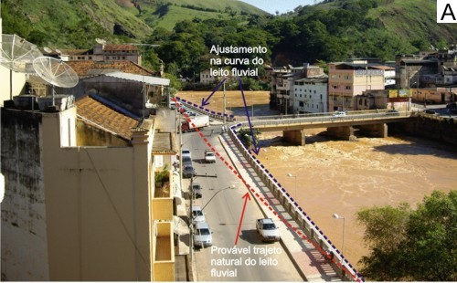 Figura 17 - Vista superior da Ponte Artur Bernardes (acesso BH - Ponte Nova). Simulao do trajeto natural do leito do rio Piranga e do ajustamento na curvatura do leito fluvial (curva mais acentuada) para se encaixar na cabeceira da ponte (data: antes da ocorrencia da enchente).