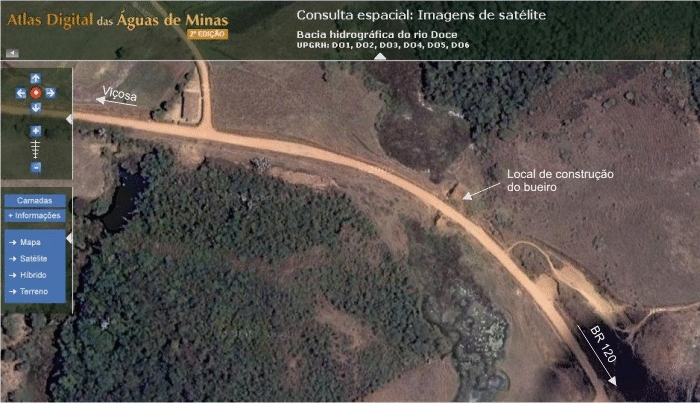 Figura 6 - Imagem de satlite de parte da estrada vicinal dos Cristais (Viosa  BR120) com a localizao do bueiro interceptando a referida estrada.