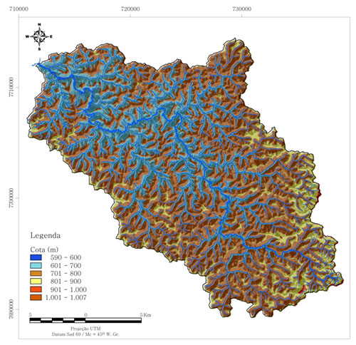Figura 6 - Modelo digital de elevaão (MDE) da bacia rio Turvo Sujo
