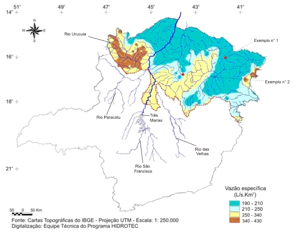 Figura  2 - Mapa de vazes especficas mximas dirias anuais e perodo de retorno de 100 anos, das regies Norte e Nordeste do Estado de Minas Gerais