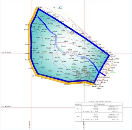 Figura 5 – Mapa planialtimtrico da bacia de acumulao<br>(Volume acumulado: 39.251 km<sup>2</sup>, rea do espelho d'gua = 2,2 ha).