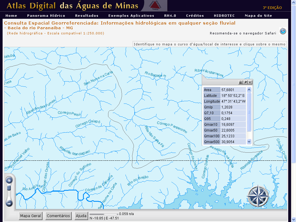 Figura 1  Consulta espacial georreferenciada 'Informaes em qualquer seo fuvial'  Bacia do rio Paranaba (sub-bacia do rio Bagagem  ribeiro Marrecos).
Fonte: ATLAS,2011