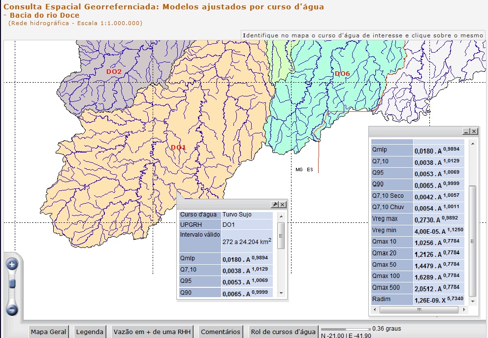 Figura 12 - Consulta espacial: 'Modelos ajustados por curso d'gua' vlidos para o rio Turvo Sujo, localizado na bacia do rio Piranga/Doce.