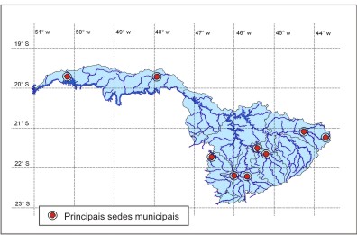 Figura 1 - Localizao da RMBH e das sedes municipais na regio hidrogrfica do rio Grande, em Minas Gerais