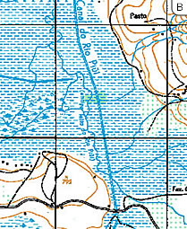 Figura 10– Vista de um trecho do <i>Canal do Rio Piui</i>, retificado e dragado, ao lado do leito natural do rio Piumhi: A – Imagem satlite; B- Carta geogrfica