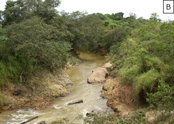 Figura 16 – Vista da ponte sobre o crrego gua Limpa (estrada vicinal de Piumhi a comunidade  de Boca da Mata): A – Equipe da prefeitura municipal de Capitlio; B- Vista da seo fluvial do crrego gua Limpa (jusante da ponte), em processo acentuado de eroso: margens e leito natural.