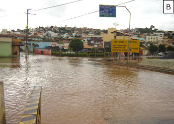 Figura 17 – Área de risco de enchente (movimento oscilatório do nível da água do lago) - Acesso ao bairro Ambrósio: A - Nível da água do lago na cota normal (dezembro/2008); B- Área alagada devido a falta de escoamento das águas pluviais (enchente de fevereiro de 2008).