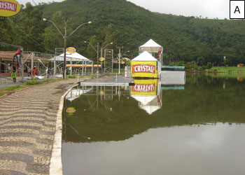 Figura 18 – rea de risco de enchente (movimento oscilatrio do nvel da gua do lago) – Calado da praia artificial de Capitlio (enchente de fevereiro de 2008): A – Nvel da gua do lago acima da cota normal, prximo a  borda superior  da calada; B- Nvel da gua do lago  acima da cota normal, inundando o calado da praia.