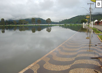 Figura 18 – rea de risco de enchente (movimento oscilatrio do nvel da gua do lago) – Calado da praia artificial de Capitlio (enchente de fevereiro de 2008): A – Nvel da gua do lago acima da cota normal, prximo a  borda superior  da calada; B- Nvel da gua do lago  acima da cota normal, inundando o calado da praia.