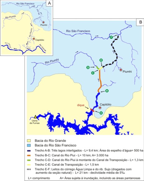 Figura 3 - Limites das reas de drenagem (divisores de gua) das bacias do rio Grande e do So Francisco antes e depois da transposio das guas e  ilustrao do percurso das obras de dragagem: A – Antes da transposio; B- Aps a transposio das guas.