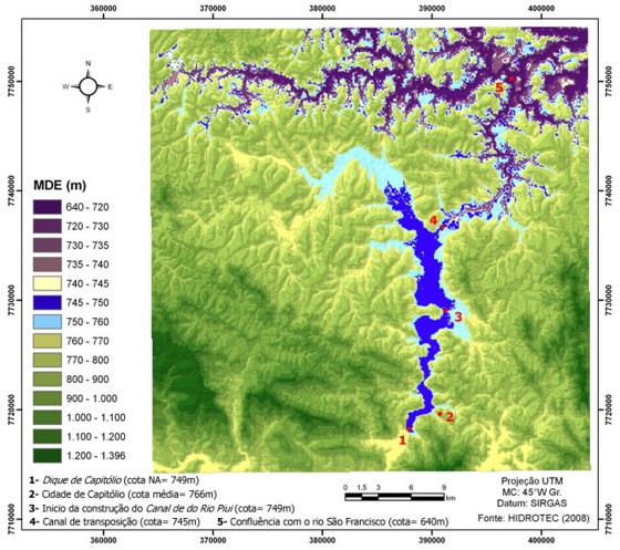 Figura 4 -  Modelo digital de elevao - MDE da bacia hidrogrfica do rio Piumhi, gerado no SRTM.