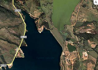 Figura 7 -  Vista do <i>Dique de Capitlio</i>, novo divisor das   guas  das bacias do Grande e So Francisco: A - Imagem de satlite; B - carta geogrfica.