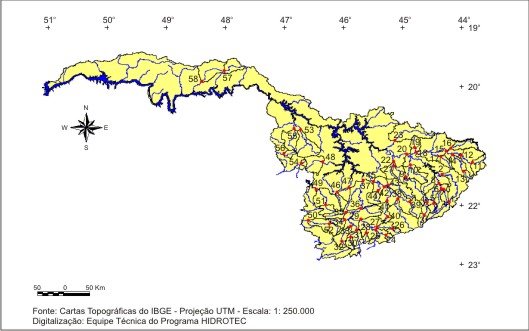Figura 1 - Localizao das sub-bacias estudadas nas regies hidrologicamente homogneas identificadas para as vazes mdias e mnimas,  na regio hidrogrfica do rio Grande, em Minas Gerais