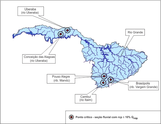 Figura 3 - Localizaao das seoes fluviais (estaoes) que apresentaram baixa capacidade de regularizaao<br> natural na bacia do rio das Velhas