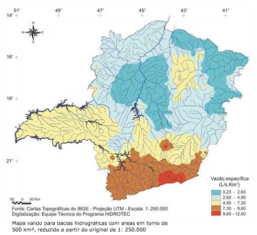 Figura 3 - Mapa da vazo especfica obtida da curva de permamncia para probabilidade de 90%.