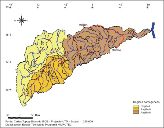 Figura 1 - Regies hidrologicamente homogneas e localizao das sub-bacias, na bacia do rio Jequitinhonha