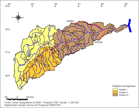 Figura 1 - Localizao das sub-bacias estudadas nas regies hidrologicamente homogneas identificadas para as vazes mdias e mnimas, na bacia do  rio Jequitinhonha e sub-bacia do rio Pardo