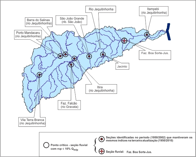 Figura 5 - Localizao das sees fluviais (estaes) que apresentaram baixa capacidade de regularizao natural na bacia do rio Jequitinhonha e sub-bacia do rio Pardo