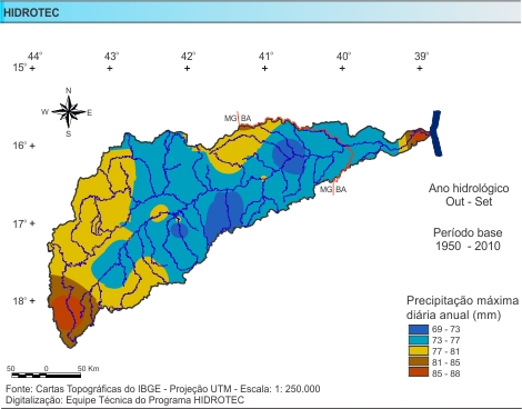 Figura 3 - Mapa da Precipitao Mxima Diria Anual (mm/ano), da bacia do rio Jequitinhonha