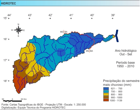 Figura 2 - Mapa da Precipitao do Semestre mais Chuvoso (mm), da bacia do rio Jequitinhonha