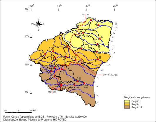 Figura 1 - Localizao das sub-bacias estudadas nas regies hidrologicamente homogneas identificadas para as vazes mdias e mnimas, na bacia do  rio Jequitinhonha e sub-bacia do rio Pardo
