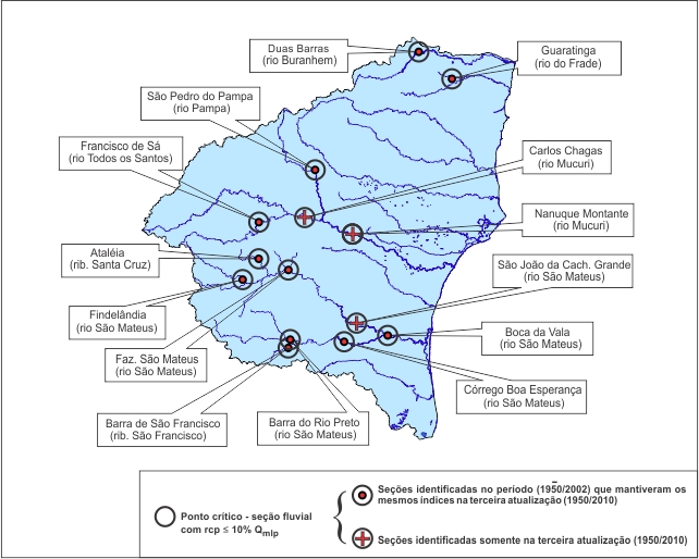 Figura 5 - Localizao das sees fluviais (estaes) que apresentaram baixa capacidade de regularizao natural na regio hidrogrfica das bacias do Leste