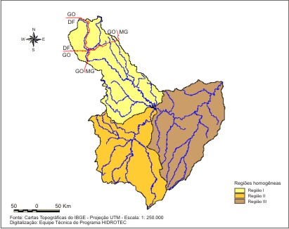 Figura 2 - Exemplo de regies hidrologicamente homogneas identificadas na bacia do rio Paracatu, por ocasio dos estudos hidrolgicos realizados nessa bacia.