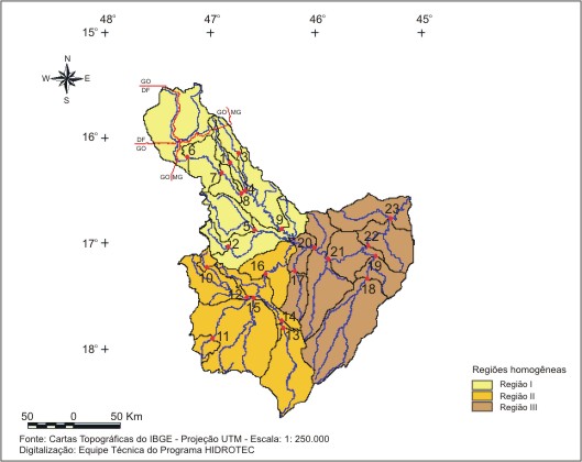 Figura 1 - Regies hidrologicamente homogneas e localizao das sub-bacias, na bacia do Paracatu