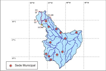 Figura 1 - Rede hidrogrfica e  localizao das sedes municipais na bacia do rio Paracatu 