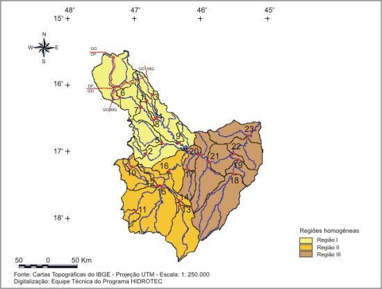 Figura 1 - Localizao das sub-bacias estudadas nas regies hidrologicamente homogneas identificadas para as vazes mdias e mnimas