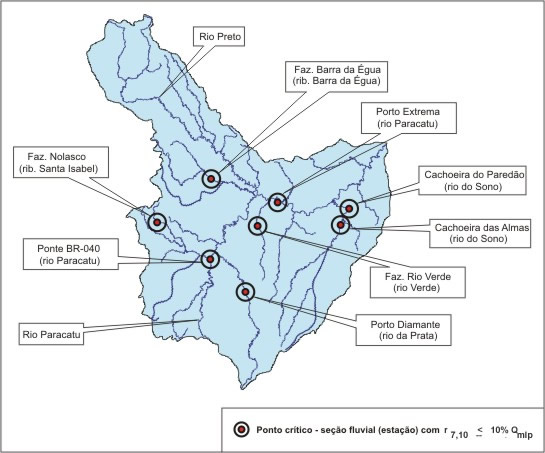 Figura 5 - Localizao das sees fluviais (estaes) que apresentaram baixa capacidade de<br /> regularizao natural na bacia do rio Paracatu