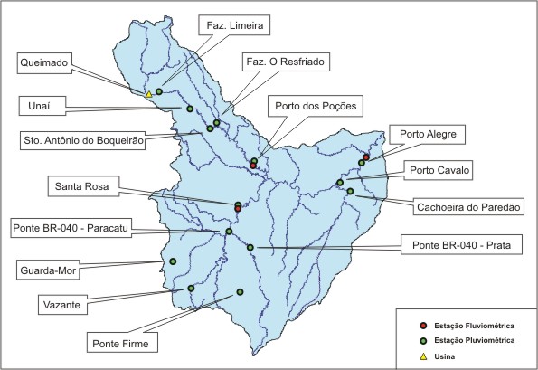 Figura 1 - Localizao das estaes fluviomtricas e  pluviomtricas, na bacia do rio Paracatu