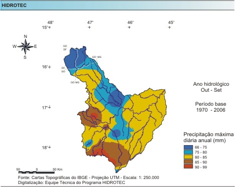 Figura 3 - Mapa da precipitao mxima diria anual (mm/ano), da bacia do rio Paracatu