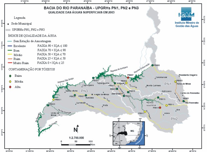 Figura 1 - Resultados da qualidade de gua da bacia do rio Paranaba (territrio mineiro), em 2003 <br />Fonte: IGAM, 2004.